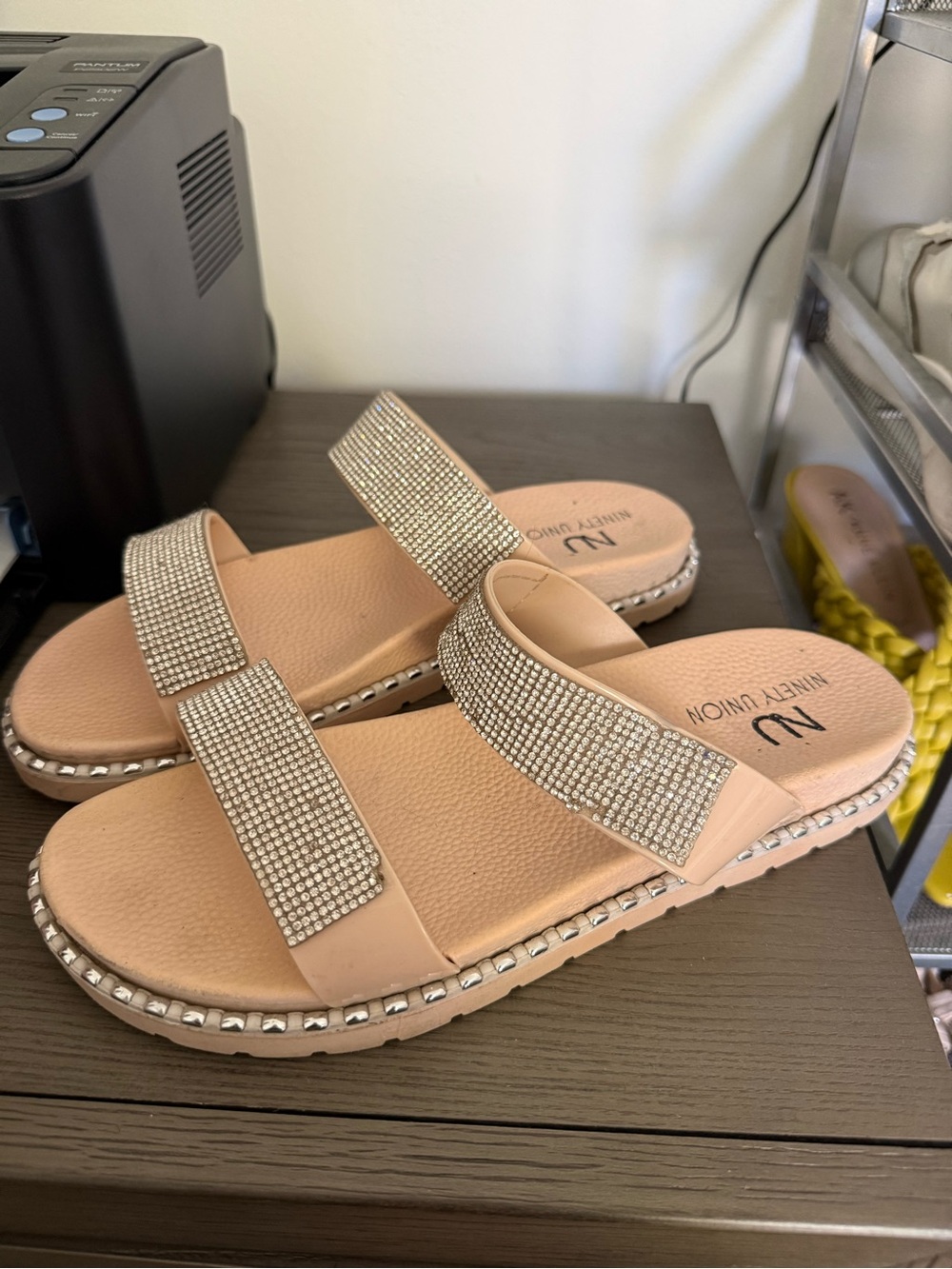Nude Rhinestone Double-Strap Slide Sandals
